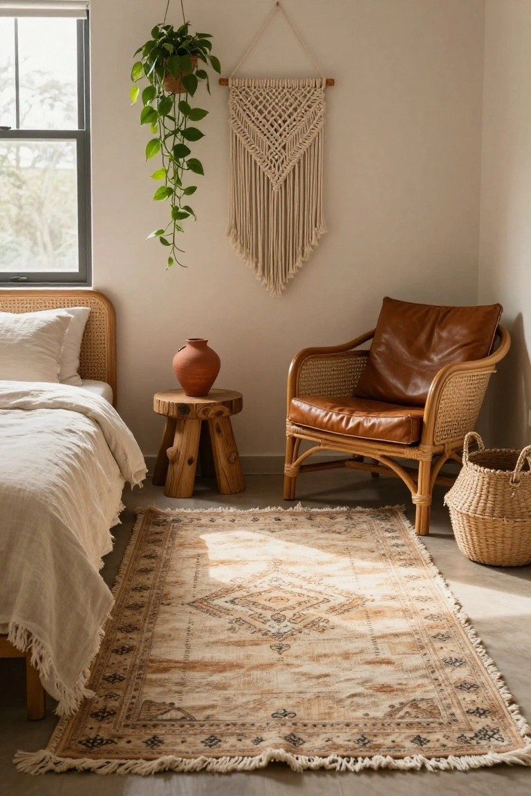 Bedroom corner with rattan armchair upholstered in brown leather, wooden tripod stool holding a terracotta vase, seagrass basket nearby, large fringed beige rug with geometric patterns, rattan bed frame with white linen bedding, hanging pothos plant, and white macrame wall hanging.
