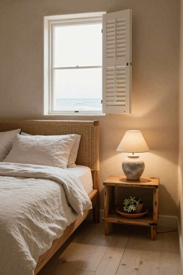 Bedroom with rattan headboard on low wood bed frame, white linen bedding, wooden nightstand holding ceramic lamp and potted plant in terracotta pot, open white shutters on window overlooking ocean, beige walls and light wood floor.