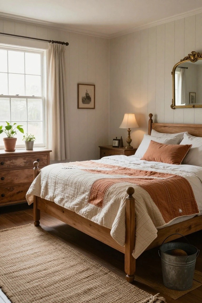 Bedroom with light wooden four-poster bed covered in white quilted bedding and terracotta throw pillows, white shiplap walls, wooden dresser and nightstand, potted plants by window, gold mirror, and seagrass rug on wood floor.