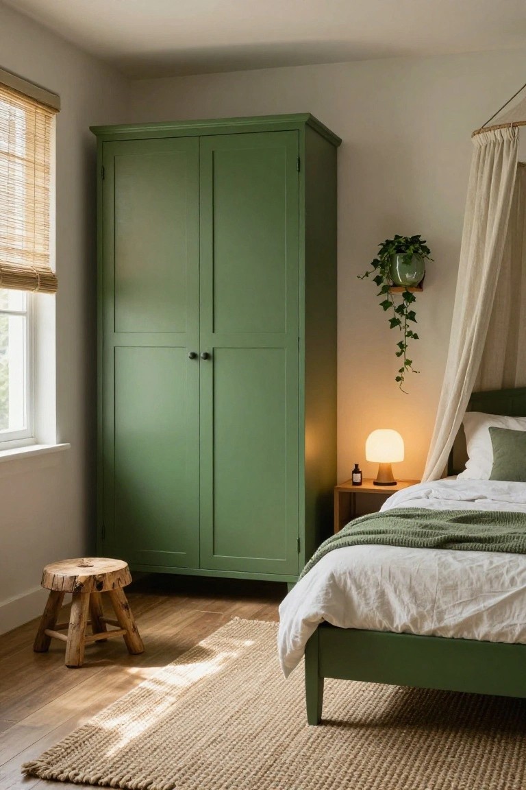Bedroom interior with tall green wooden wardrobe next to window with bamboo shades, green bed frame with white and green bedding under a white canopy, potted ivy plant on wall shelf, wooden stool on wood floor, and beige seagrass rug.