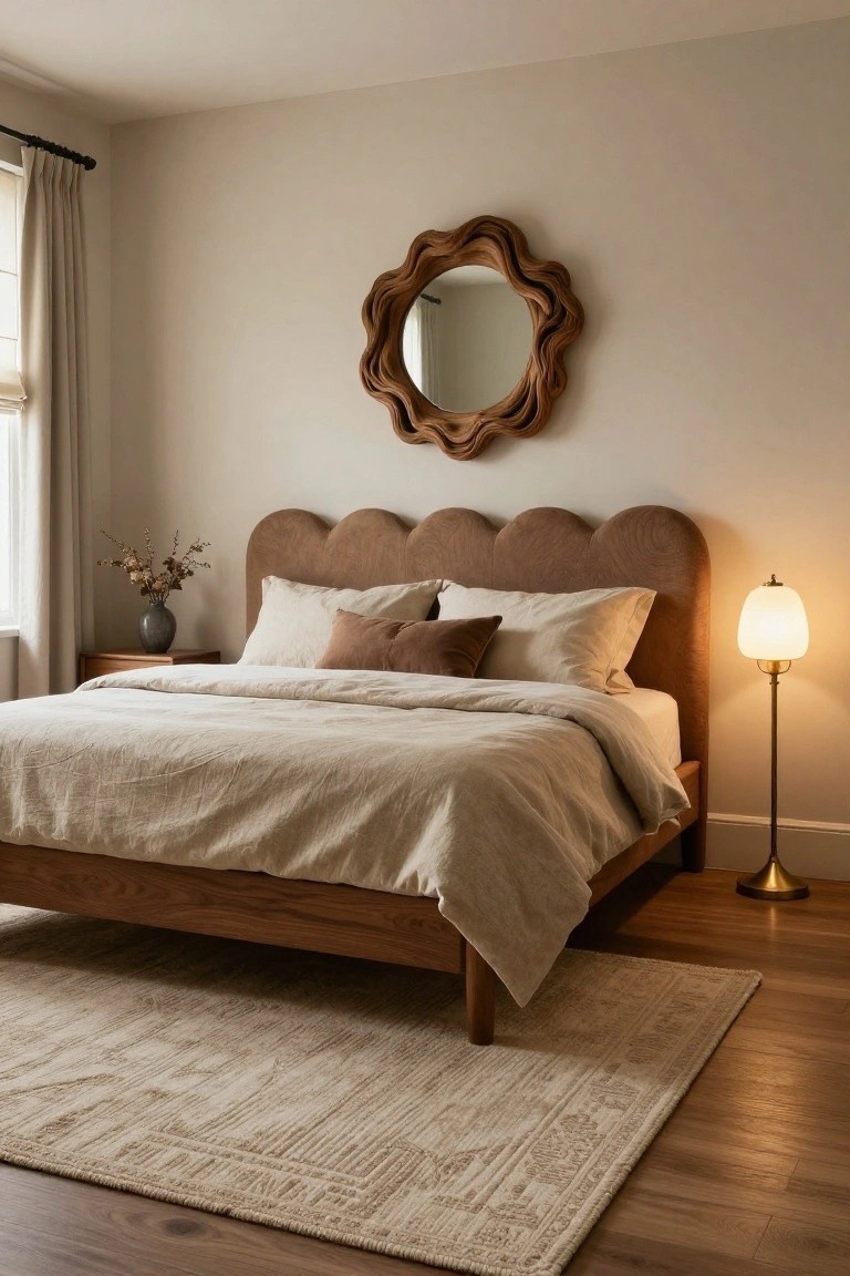Bedroom with a wood-framed bed topped by beige scalloped upholstered headboard, white linen bedding and pillows, wavy wooden mirror on wall, nightstand holding lamp and vase of dried branches, beige area rug on hardwood floor, near curtained window.