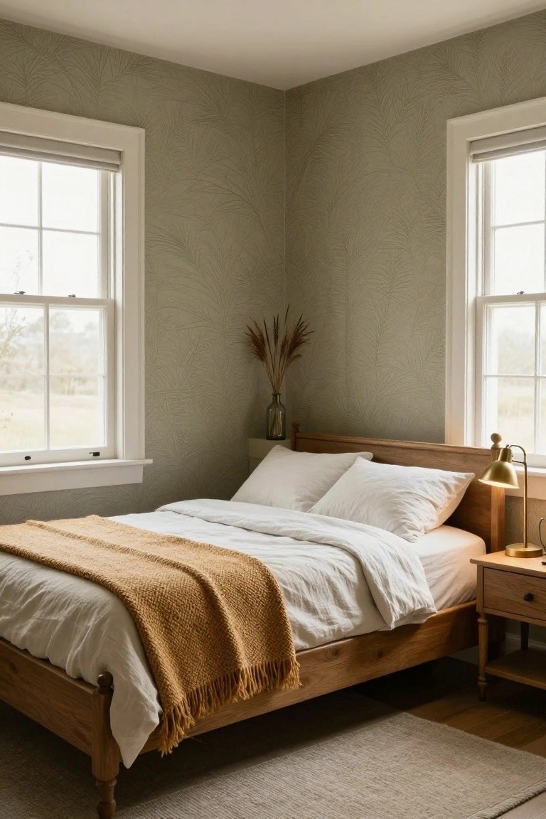 Corner view of a bedroom with sage green palm leaf patterned wallpaper on two walls, wooden bed frame with white linens and orange knit throw, pampas grass in glass vase on shelf, brass arched lamp on oak nightstand, white window frames, and beige rug on hardwood floor.