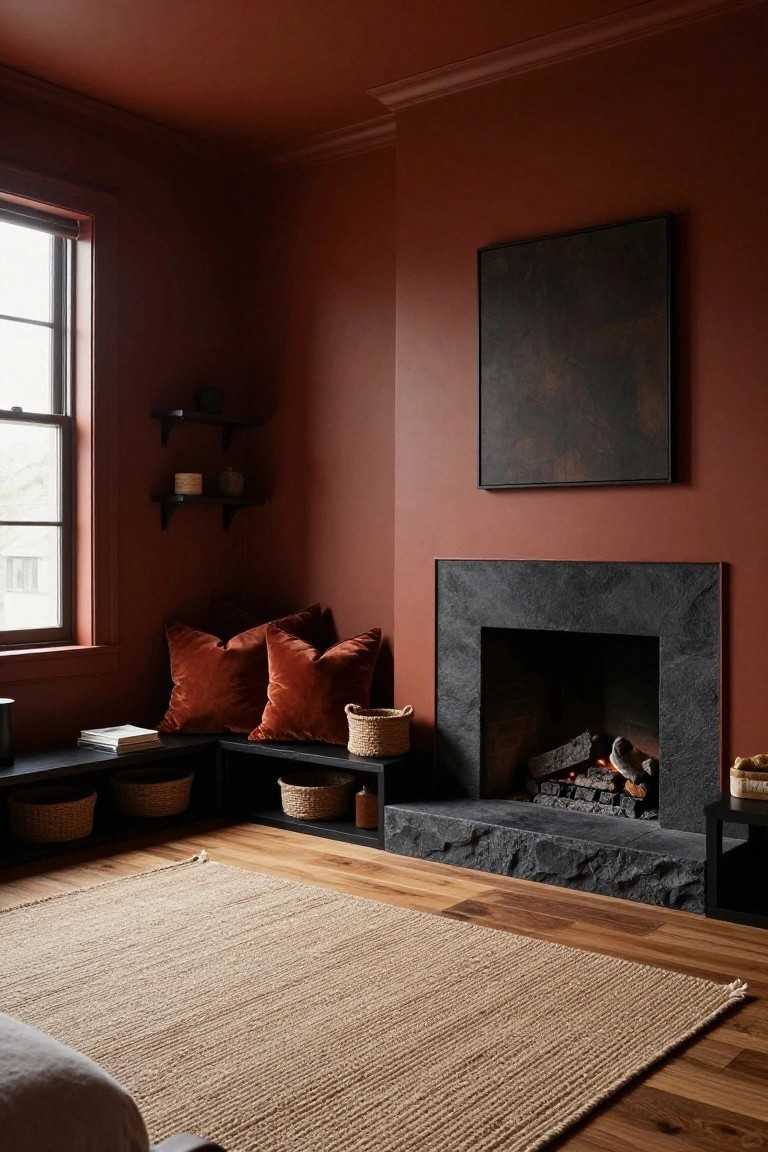 Corner of a bedroom with deep terracotta walls, black slate fireplace with fire lit, built-in black bench holding orange velvet pillows and woven baskets, seagrass rug on hardwood floors, and wall shelves nearby.
