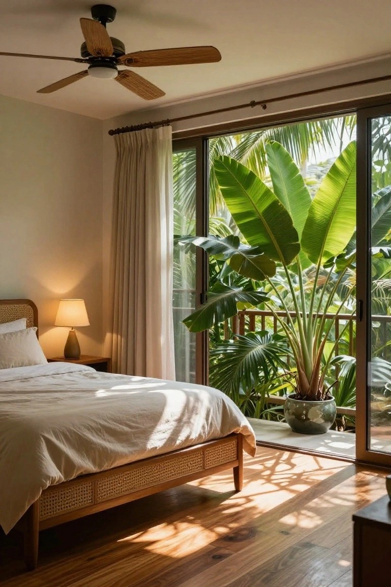 Bedroom with rattan bed frame and white linens, wood nightstand and lamp, ceiling fan overhead, open sliding glass doors to balcony with large potted banana plants and tropical greenery, sunlight on wooden floors.