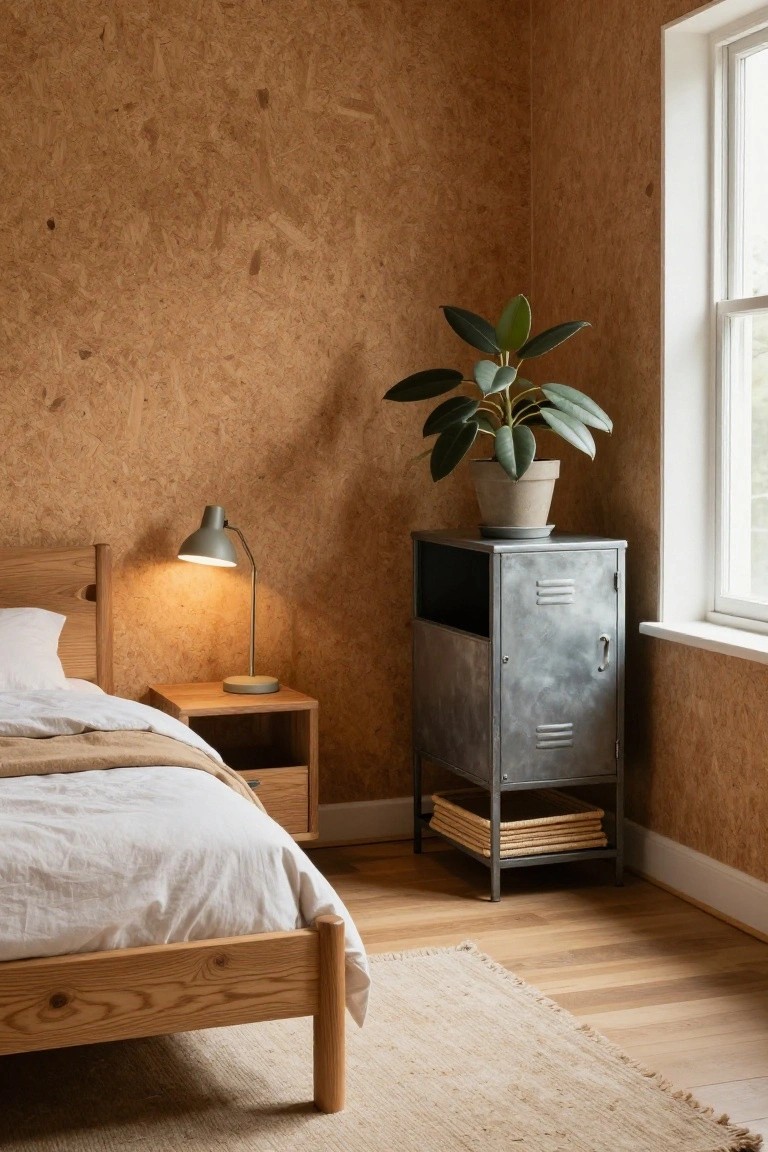 Corner of a bedroom with light brown plywood paneled walls, wooden bed with white sheets and beige throw, wooden nightstand with gray lamp, tall gray metal locker cabinet holding woven baskets, potted rubber plant by window, beige rug on hardwood floor.