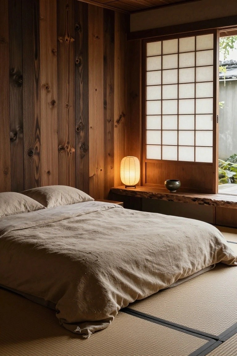 A minimalist bedroom with vertical dark cedar wood panel walls, low beige linen futon bed on tatami mats, rice paper lantern on live-edge wood shelf beside shoji screen window.