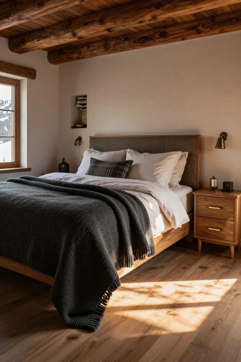 Bedroom interior featuring exposed wooden beam ceiling, low wooden bed frame with gray knit throw and white bedding, wooden nightstand, wall sconces, and window showing snowy landscape outside.