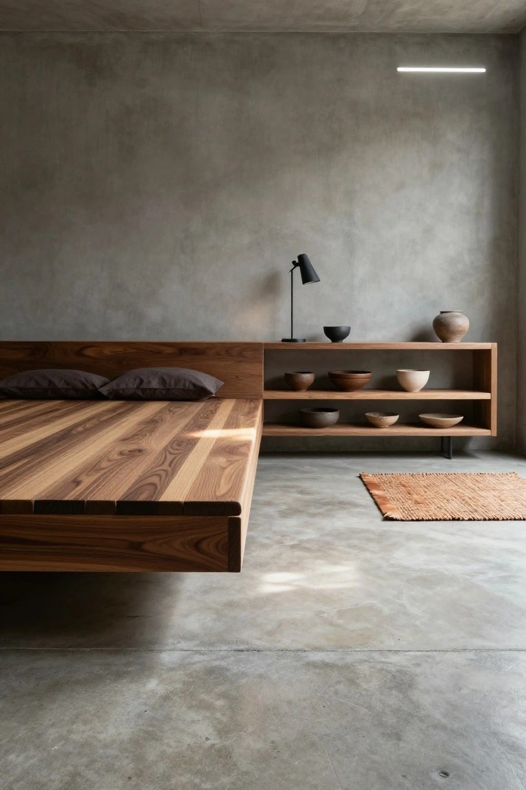A minimalist bedroom with a low rectangular wooden platform bed featuring integrated open shelving on the headboard displaying various ceramic bowls and vases, black task lamp, and polished concrete floor and walls.
