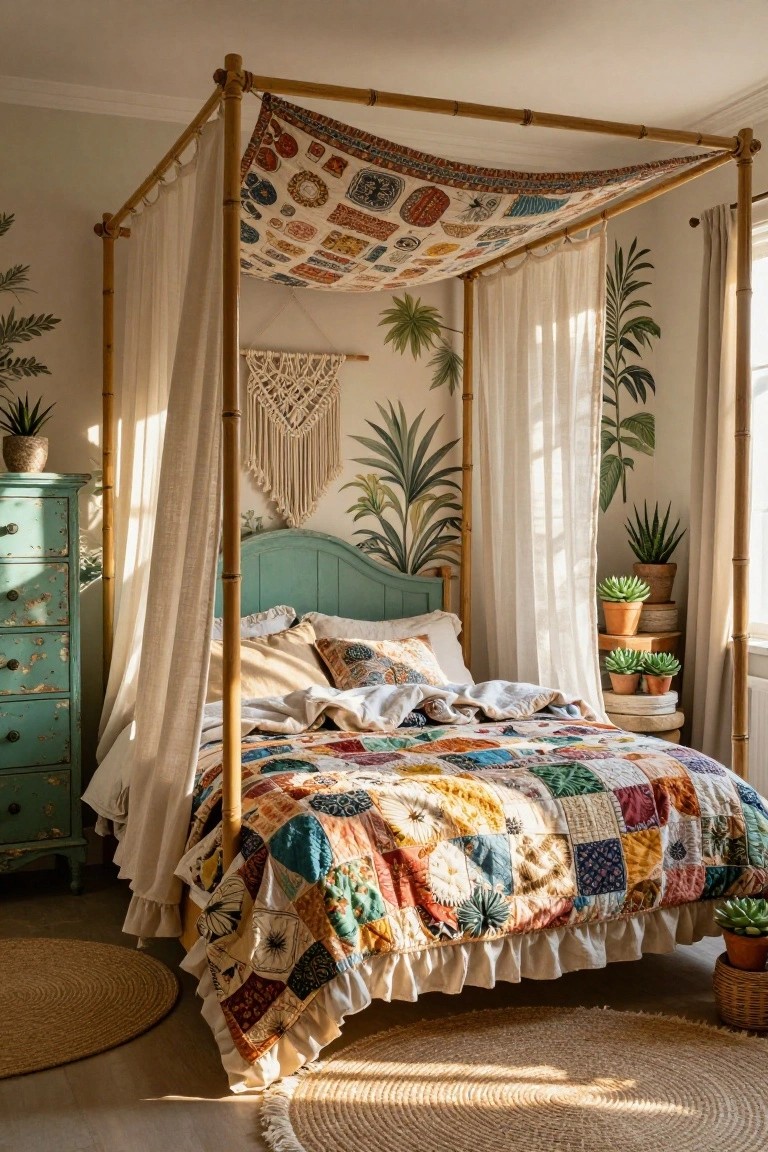 Bedroom with bamboo four-poster bed frame supporting a colorful patterned canopy fabric and sheer side drapes, turquoise headboard, multicolored patchwork quilt, tropical leaf wall mural, potted plants, teal dresser, and round jute rugs on wood floor.
