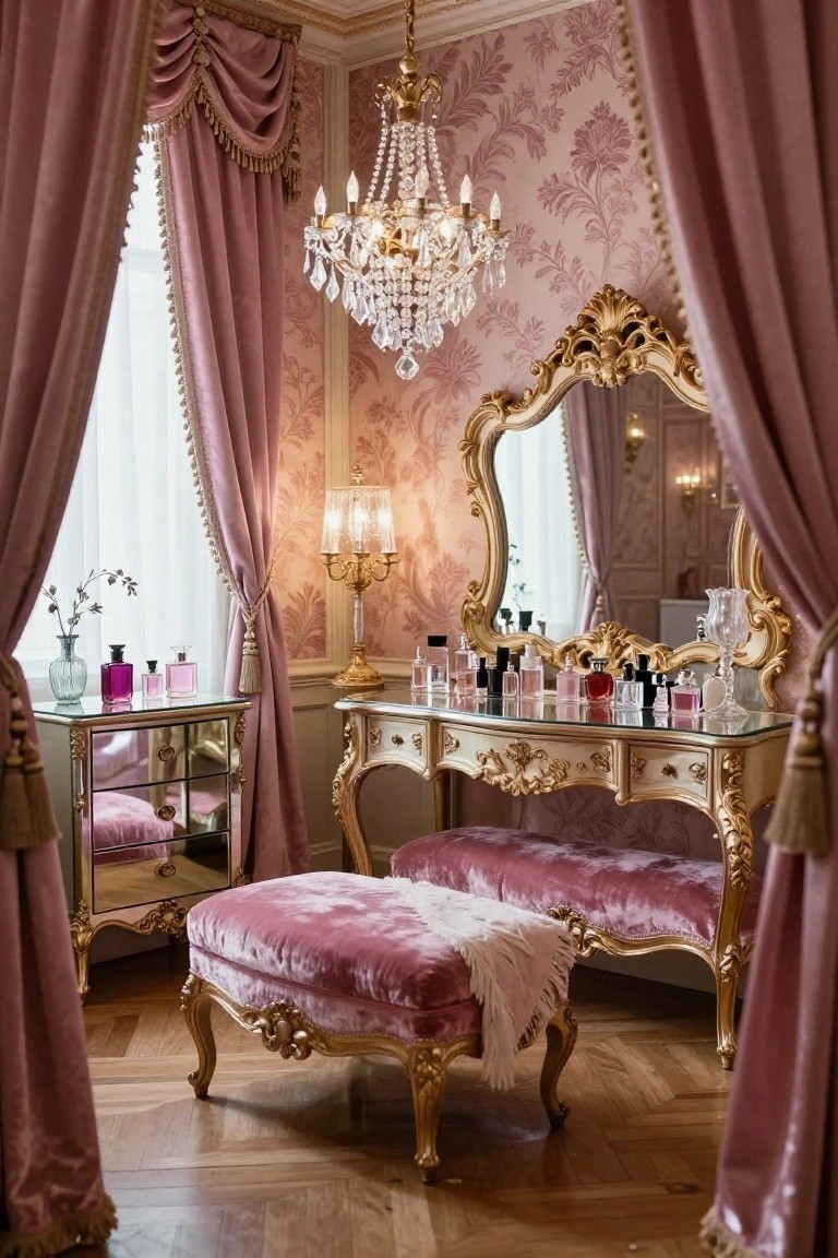 Ornate gilded vanity table with glass top holding perfume bottles, flanked by mirrors in a room with blush pink walls, pink velvet stool, chandelier, and draped curtains.