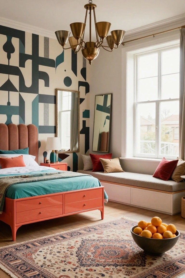 Bedroom interior with black teal and white geometric abstract mural on one wall, coral tufted headboard bed with turquoise bedding, brass chandelier, full-length mirror, window seat with pillows, orange dresser lamp, and Persian rug with bowl of oranges on wood floor.