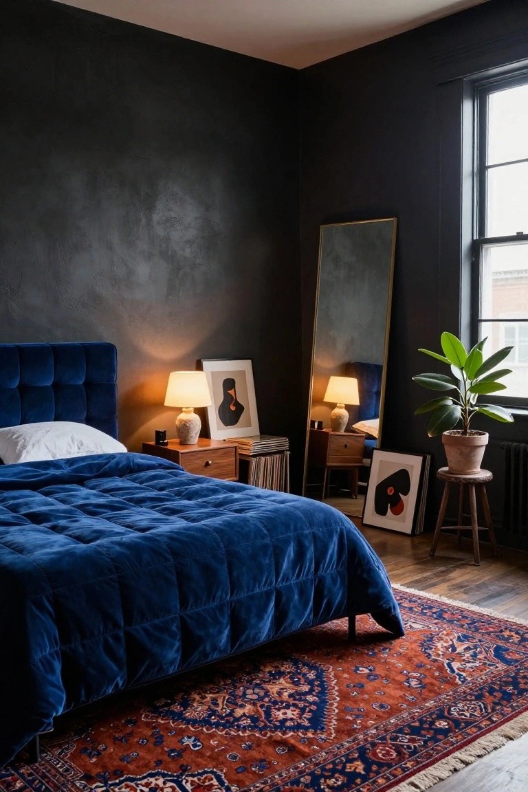 Bedroom corner featuring dark textured plaster walls, a tufted navy velvet bed with white duvet and pillows, wooden nightstands with lamps and art, a full-length gold mirror, potted plant on stool, and red Persian rug on hardwood floor.