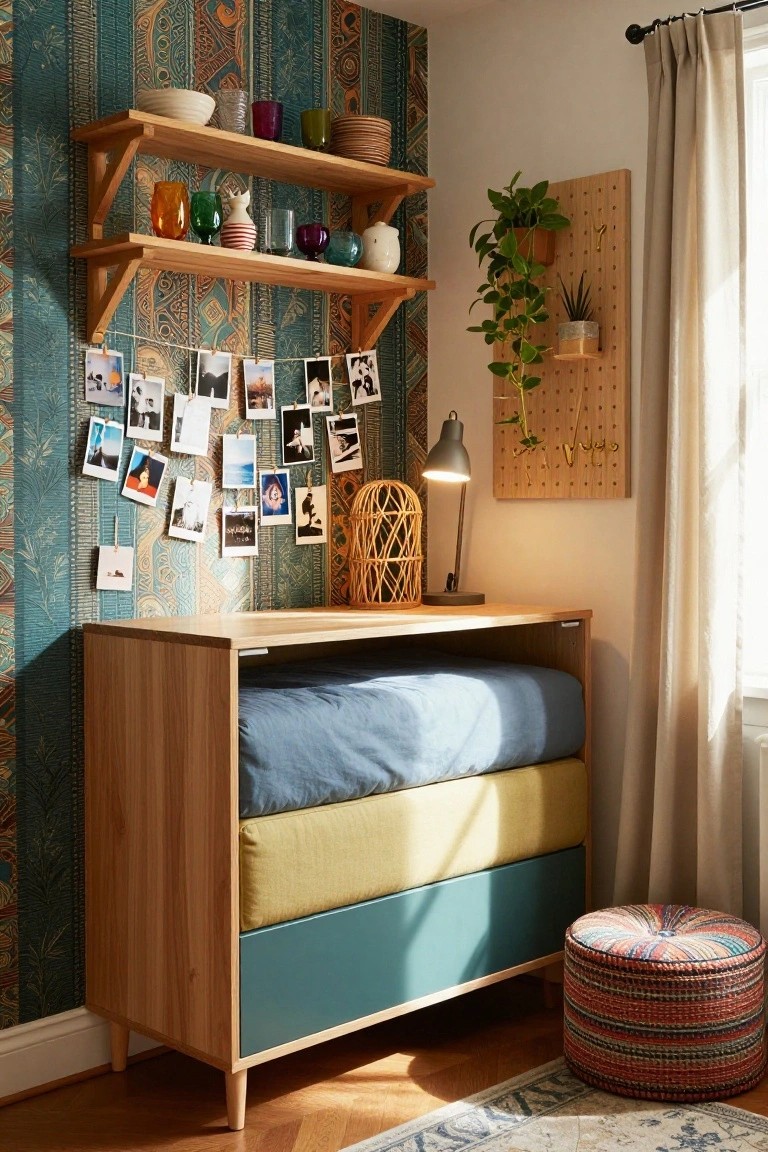 Wooden cabinet daybed in bedroom corner with stacked blue, yellow, and tan mattresses, teal bottom drawer, patterned teal wallpaper, wooden shelves holding colorful glassware and ceramics, hanging photo garland, plants on pegboard, rattan lamp, and pouf stool.