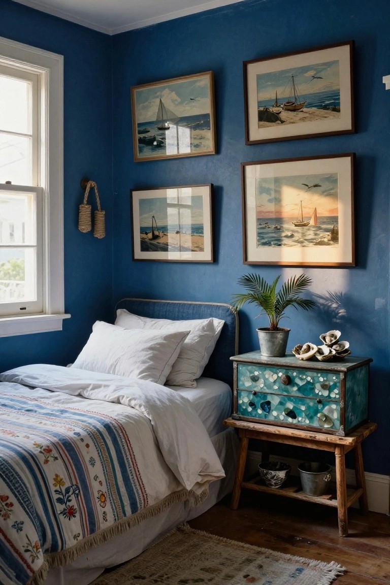 Small bedroom corner with deep blue walls, multiple framed nautical watercolor paintings, metal bed frame with white pillows and colorful striped quilt, turquoise shell-inlaid wooden nightstand holding oyster shells, metal pots, and potted palm plant.