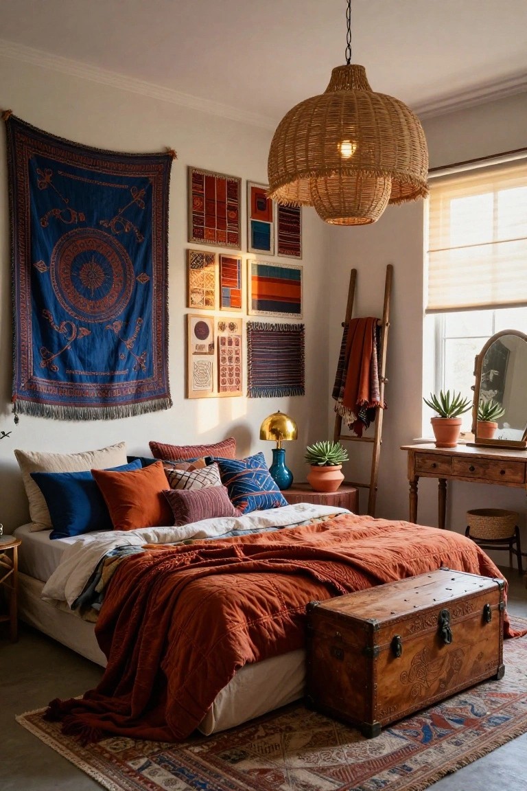 Cozy bedroom with large blue patterned tapestry on wall flanked by colorful abstract art frames, bed layered in orange and blue textiles, wooden ladder and desk, potted plants, gold lamp, and rattan pendant light.