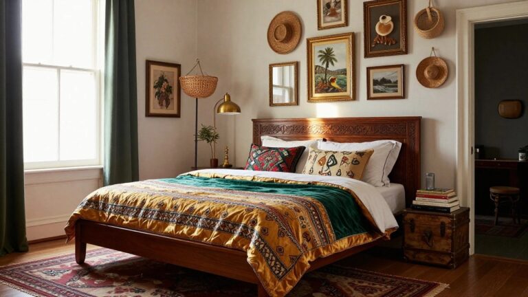 A bedroom corner showing a carved wooden bed with green velvet duvet layered over yellow throw and patterned quilt, assorted pillows, stack of books, vintage trunk at foot, brass lamp on side table, eclectic art frames and woven baskets on walls, red patterned rug on wood floor.