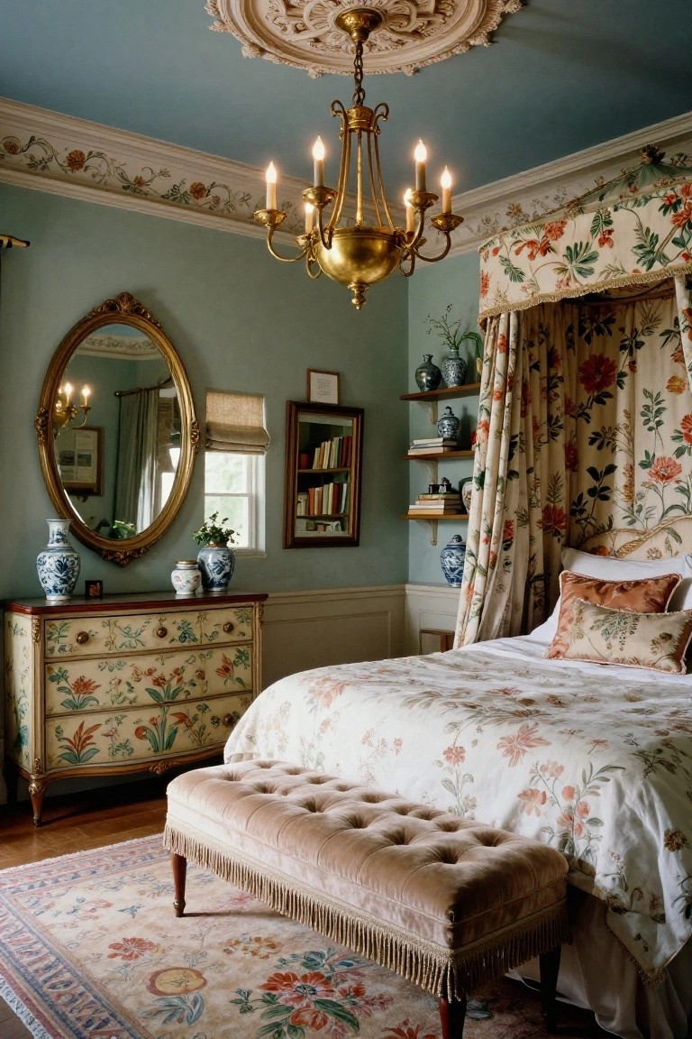 A bedroom with a four-poster bed draped in pink floral canopy curtains, a painted floral dresser topped with blue and white porcelain vases, gold chandelier overhead, ornate oval mirror, bookshelves, and tufted bench on a patterned rug.