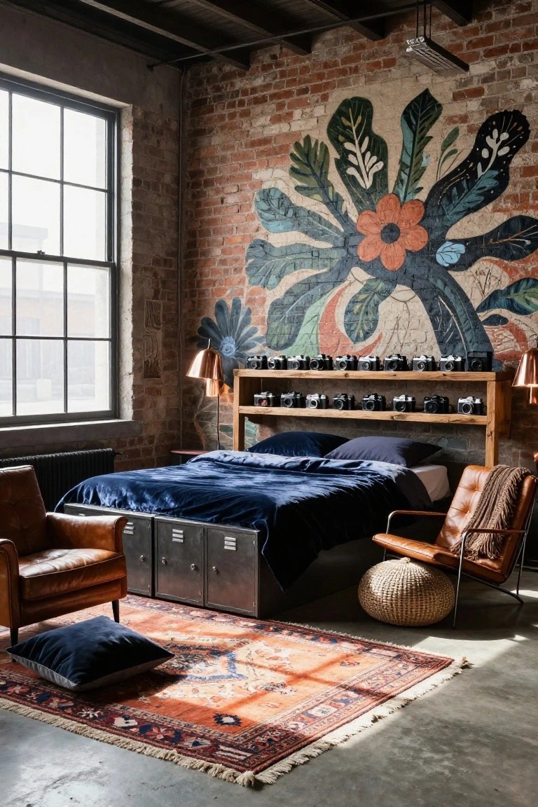 Bedroom with exposed brick wall painted with large colorful floral mural, wooden shelf displaying vintage cameras above the bed, navy velvet duvet on bed flanked by metal cabinets, tan leather chairs, woven pouf, and orange patterned rug on concrete floor.