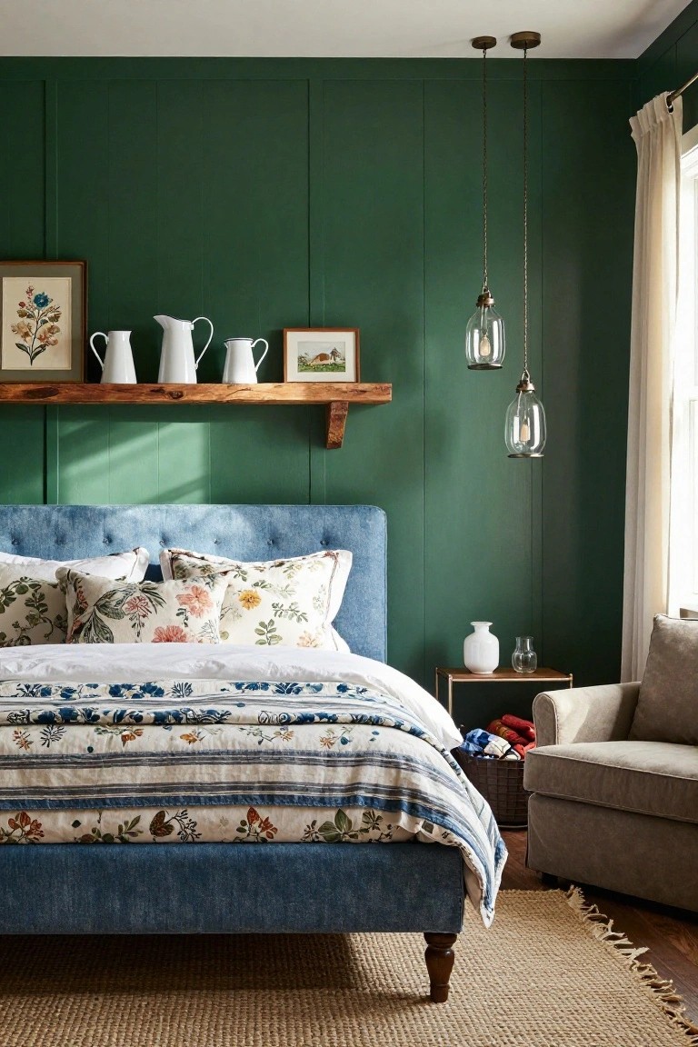 Bedroom with emerald green board-and-batten walls, blue tufted bed frame topped with white floral-patterned bedding and pillows, wooden shelf holding white pitchers and framed artwork, two glass pendant lights, side table with vase, and beige armchair.
