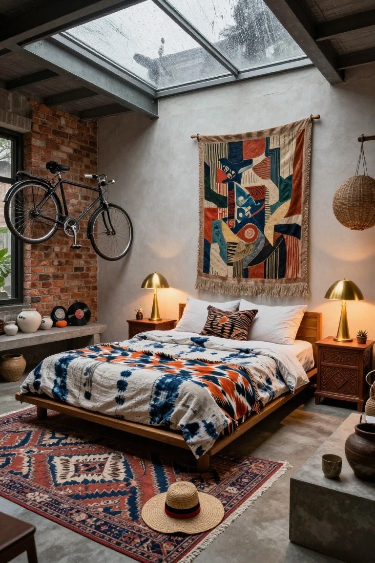 Loft bedroom featuring exposed brick walls, a hanging bicycle, large colorful geometric tapestry, wooden platform bed with indigo and orange ikat quilt, brass cone lamps on wooden nightstands, vinyl records on a bench, patterned red rug on concrete floor, and glass skylight with rain above.