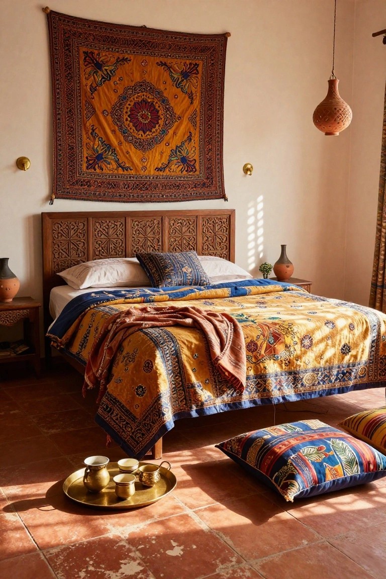 Bedroom with carved wooden headboard and frame, yellow patterned quilt and orange throw on bed, blue pillows, wood nightstands with terracotta vases, brass cups on tray, terracotta tile floor, large tapestry on wall, and hanging lantern.