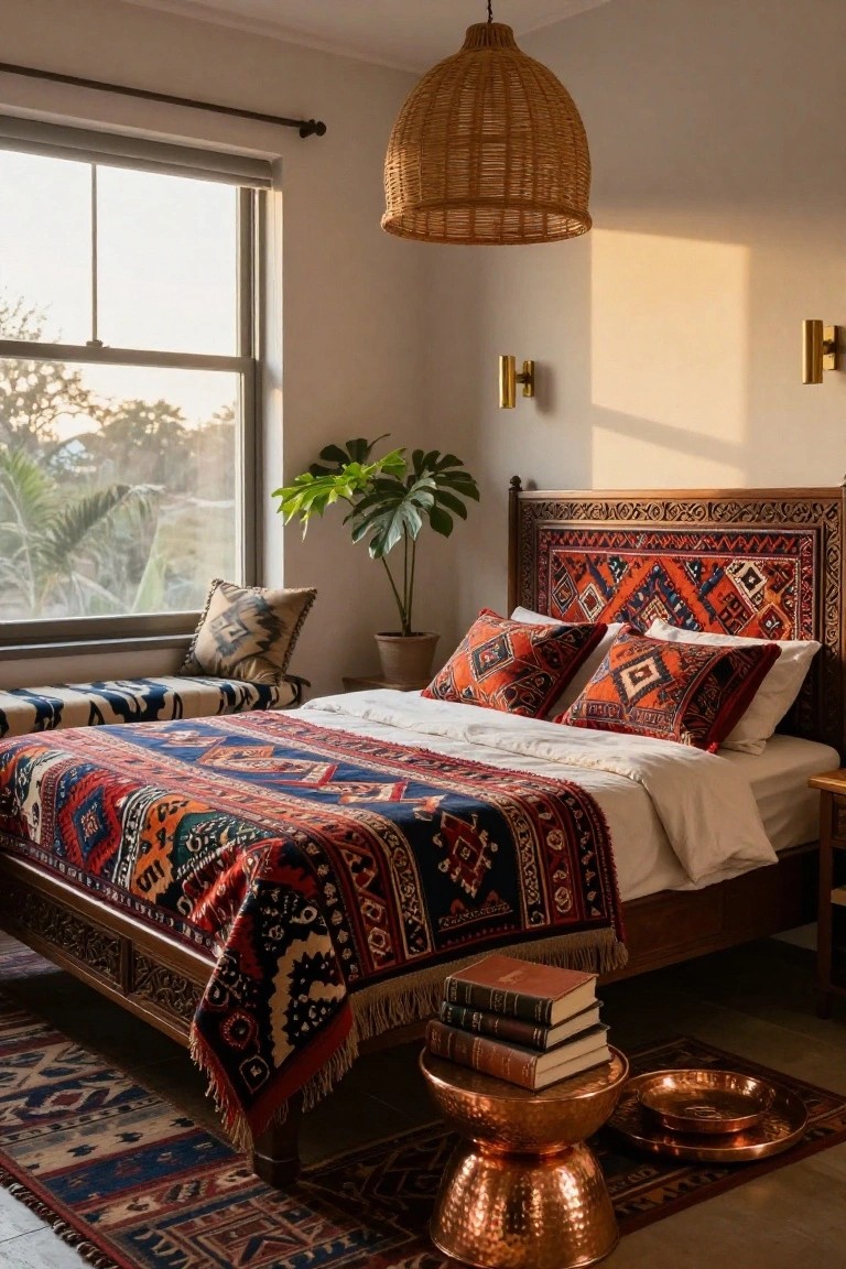 Bedroom interior featuring a carved wooden bed with orange patterned pillows and a multicolored kilim-style bedspread and headboard, flanked by copper stools on a patterned rug, a monstera plant, and a window with blinds overlooking trees at sunset.