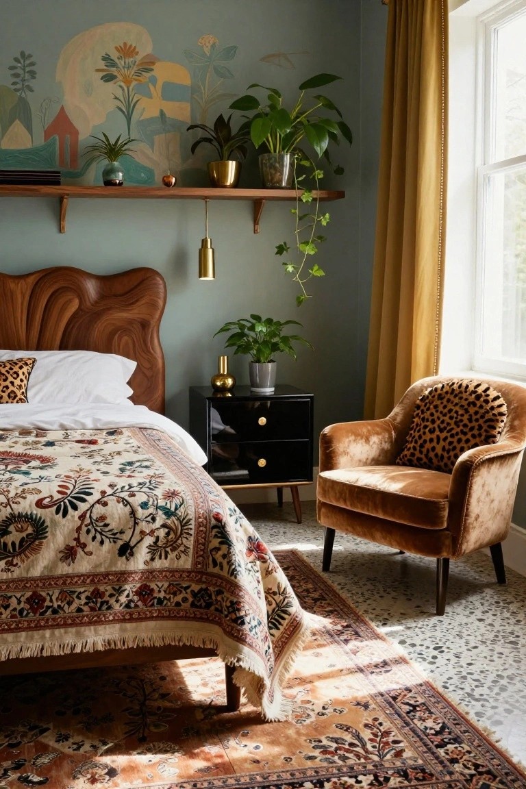 Eclectic bedroom featuring a curved wooden headboard, white bed with floral quilt and leopard pillow, black nightstand, leopard print velvet armchair, wall mural, plants, shelves, and patterned rug on speckled floor.