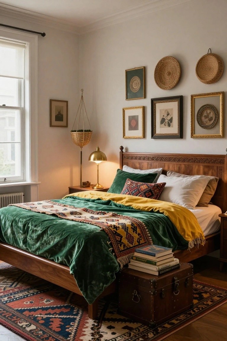 A bedroom corner showing a carved wooden bed with green velvet duvet layered over yellow throw and patterned quilt, assorted pillows, stack of books, vintage trunk at foot, brass lamp on side table, eclectic art frames and woven baskets on walls, red patterned rug on wood floor.