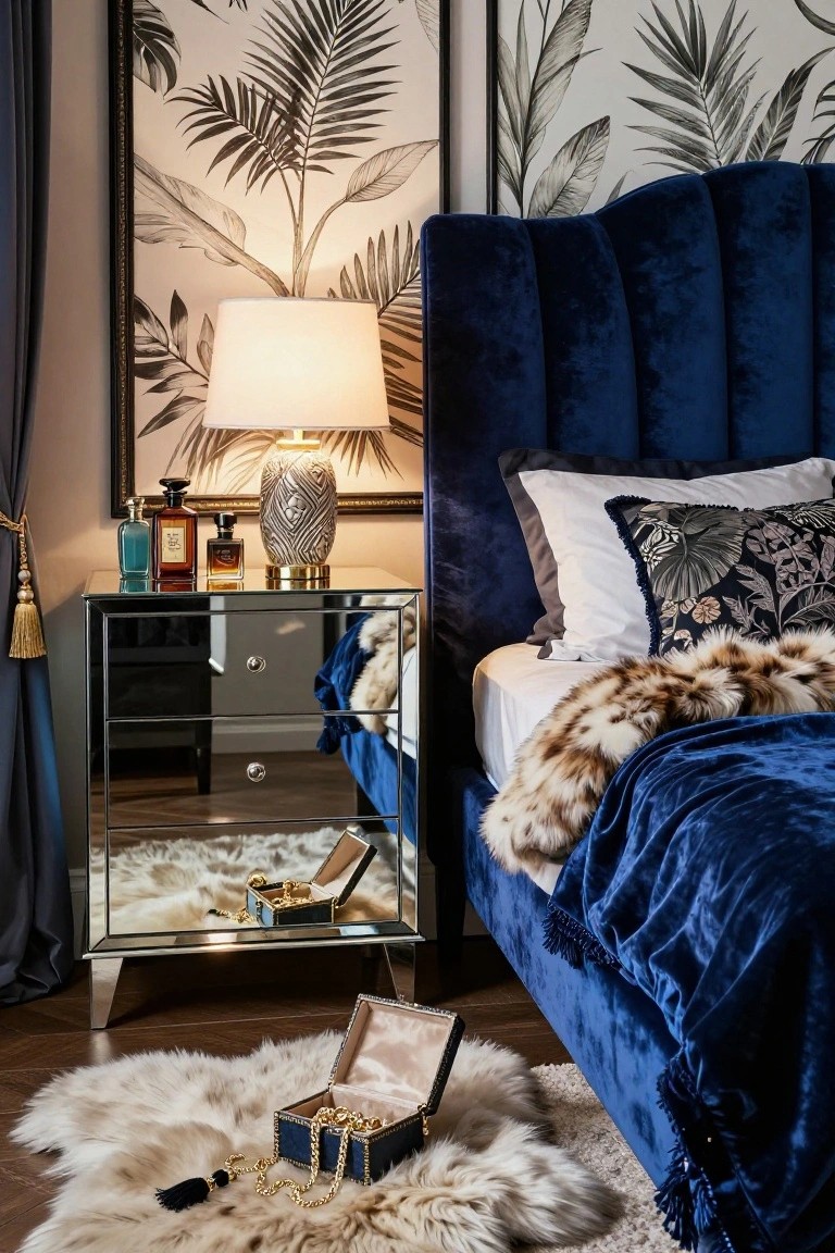 Navy Velvet Headboard for Maximalist Bedrooms
