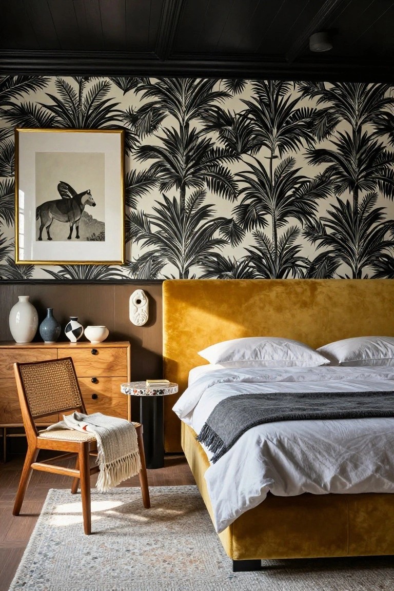 Bedroom interior with black palm leaf wallpaper on walls, mustard yellow velvet upholstered headboard on bed with white linens and gray throw, wooden dresser holding ceramic vases, rattan chair with throw, side table, and light gray rug on wood floor.