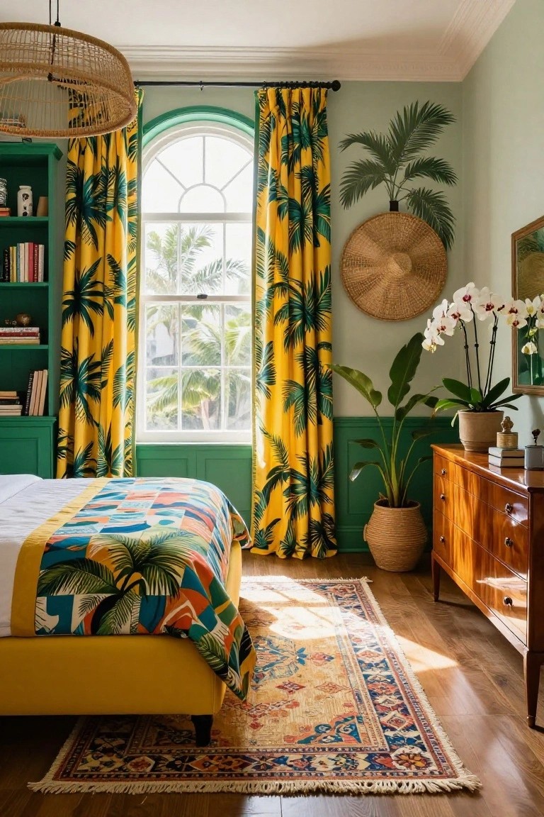 Bedroom with mint green walls and trim, yellow palm-print curtains on arched window overlooking palms, mustard yellow upholstered bed with multicolored geometric and tropical bedding, wooden dresser, potted plants, rattan pendant light, and Persian rug on wood floor.
