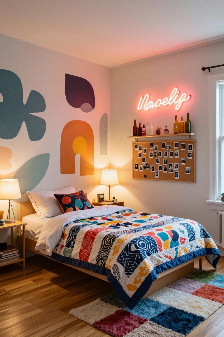 A bedroom with large colorful abstract organic shapes painted on one wall, a pink neon 