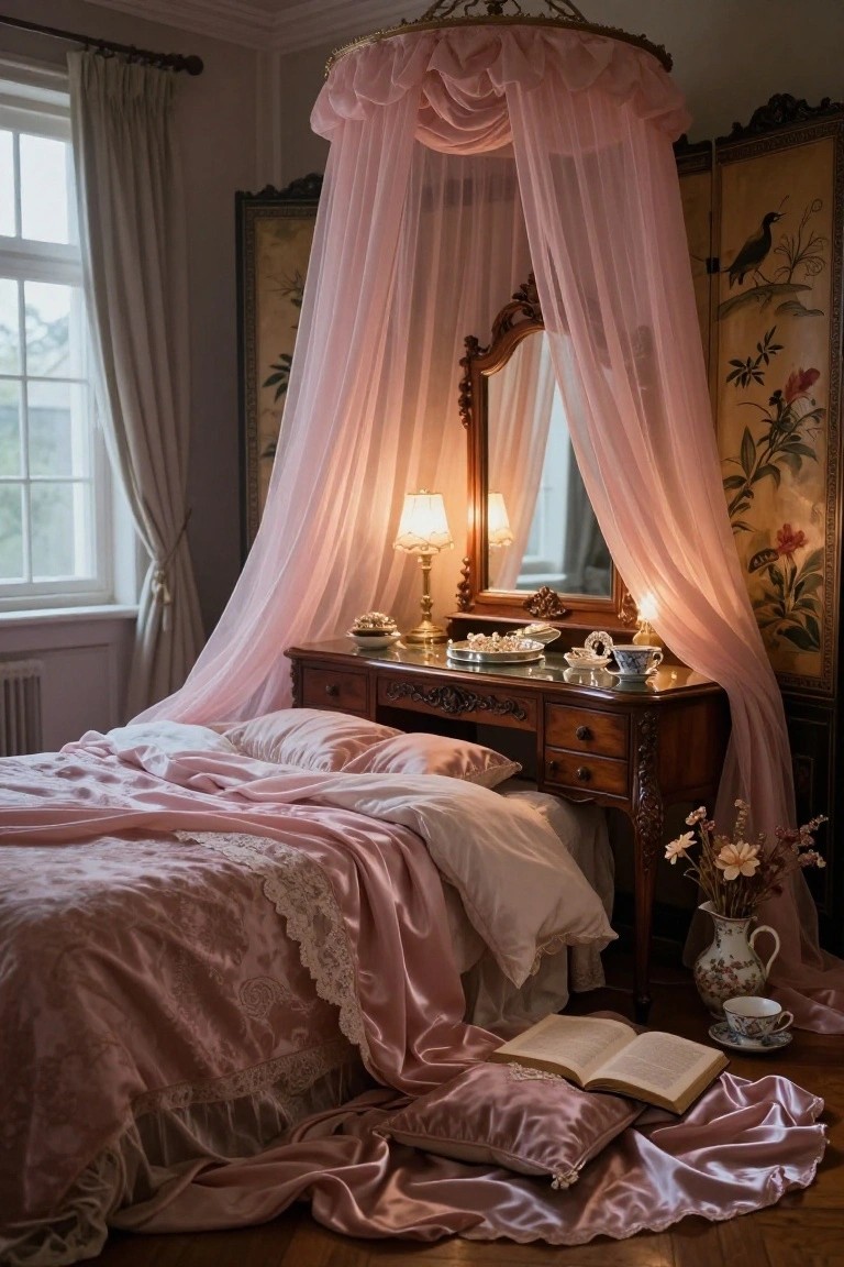 A bedroom with a large pink canopy bed draped in sheer fabric, rumpled pink satin sheets, a wooden vanity table with lamps teacups and jewelry, ornate folding screen, and tall windows with cream curtains.