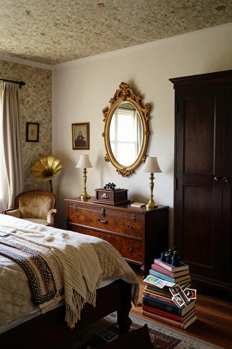 Vintage bedroom featuring floral wallpaper on walls and ceiling, antique wooden dresser and wardrobe, gold gramophone, ornate gold mirror, upholstered armchair, and tall stack of books with vintage cameras beside the bed.