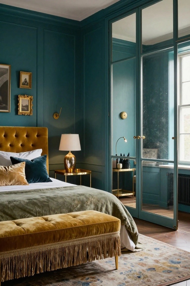 Bedroom interior with teal paneled walls, mustard velvet upholstered bed and bench, gold metal accents, table lamps, and a large glass-door wardrobe next to a window.