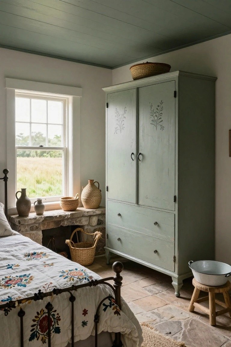 Bedroom interior with tall green painted armoire featuring leaf motifs and brass handles, iron bed with white floral quilt, stone fireplace with pottery and baskets, and window showing green fields outside.