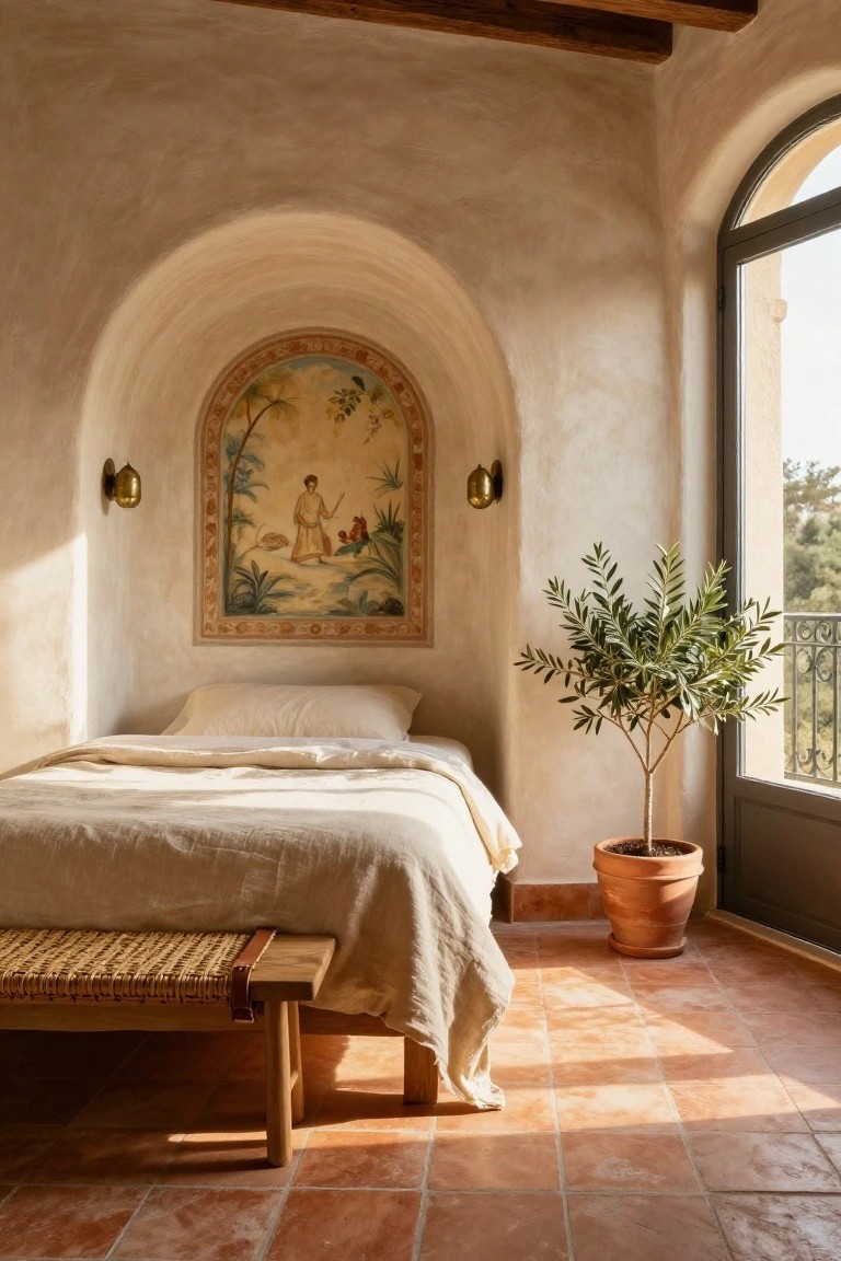 Bedroom with a low bed under an arched wall niche painted with a tropical mural of figures, plants, and animals, flanked by brass sconces, an olive tree in a terracotta pot near arched French doors to a balcony, a woven bench, on terracotta tile floors.