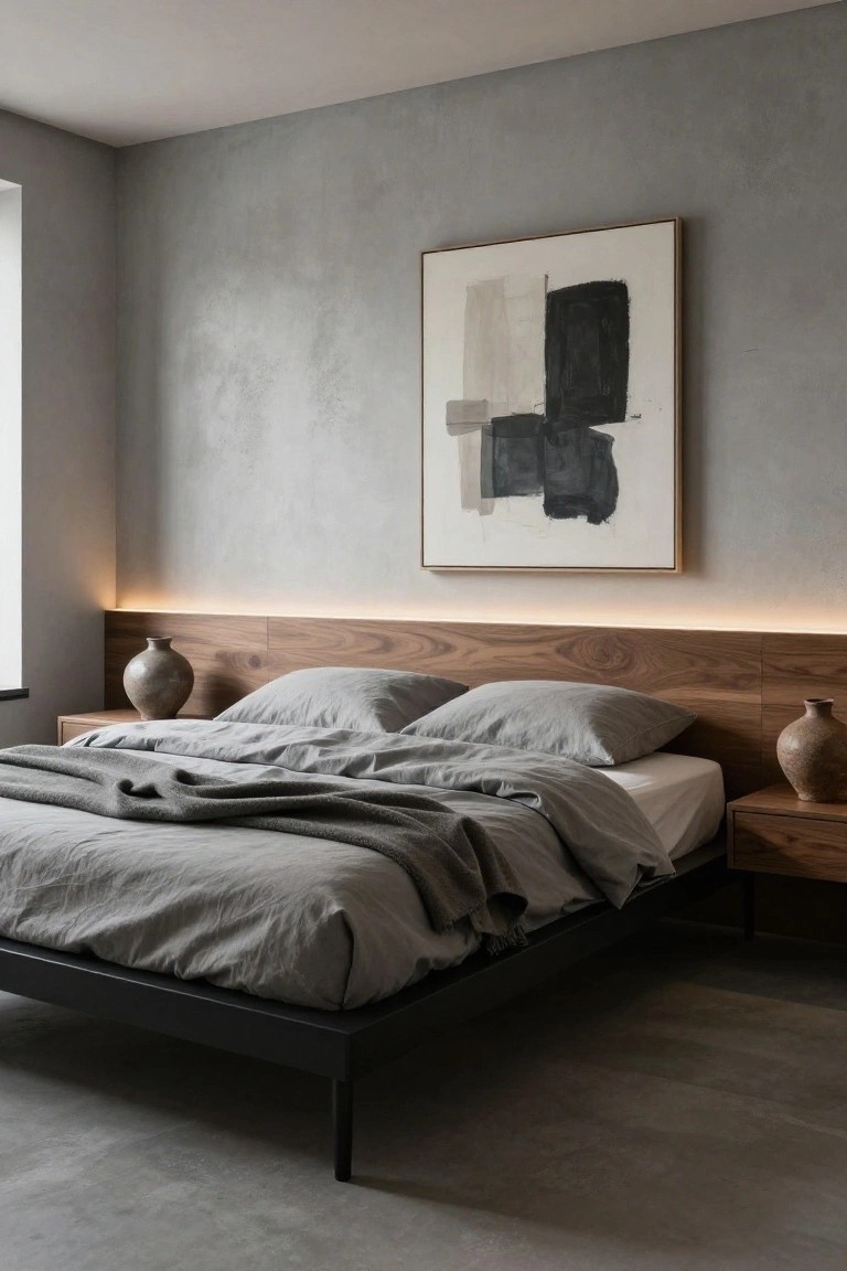 Minimalist bedroom with gray textured walls, large framed abstract painting, wooden headboard panel with integrated LED lighting strip, low black platform bed draped in gray linen sheets and blankets, wooden nightstand, and tall ceramic vases.