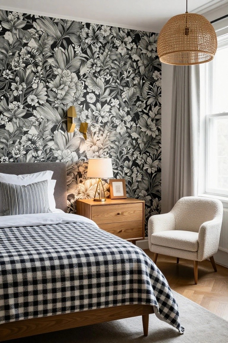 Bedroom with black and white floral wallpaper on the wall behind a gray upholstered bed with white sheets and black check blanket, wooden nightstand with brass lamp and photo frame, cream boucle armchair, rattan pendant light, and beige curtains at window.
