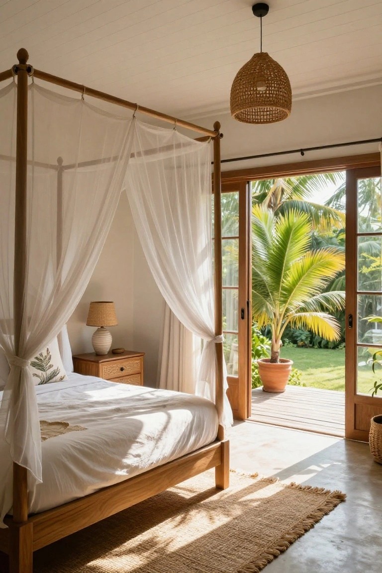 Wooden four-poster bed with white sheer canopy curtains in a light bedroom with rattan lamp on nightstand and open French doors to tropical garden and palm trees.