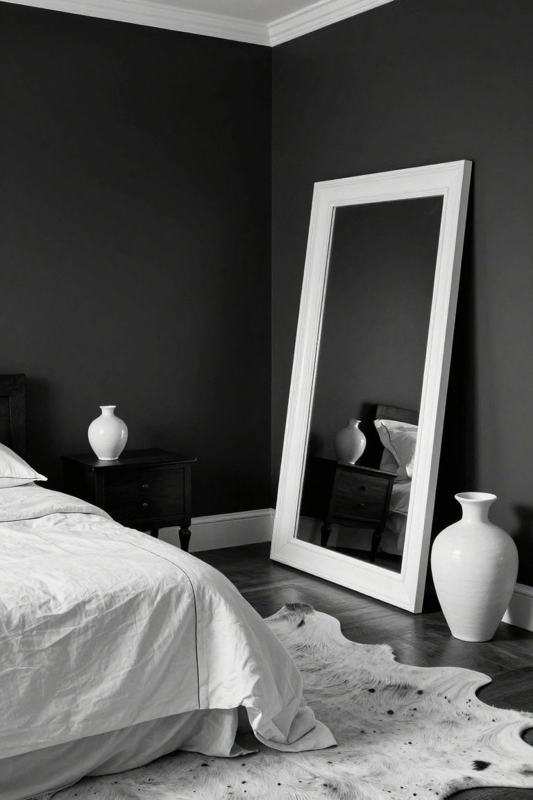 Black-and-white photo of a bedroom corner with dark charcoal walls, a tall white-framed floor mirror leaning against one wall, a bed with rumpled white linens, a dark wood nightstand holding a white vase, another white vase on the floor, and a light shaggy rug in front of the bed.