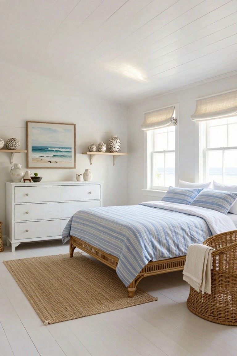 White shiplap-walled bedroom with wicker bed frame, blue striped bedding, white dresser, seagrass rug, linen roman shades, and ocean wave artwork on shelves.