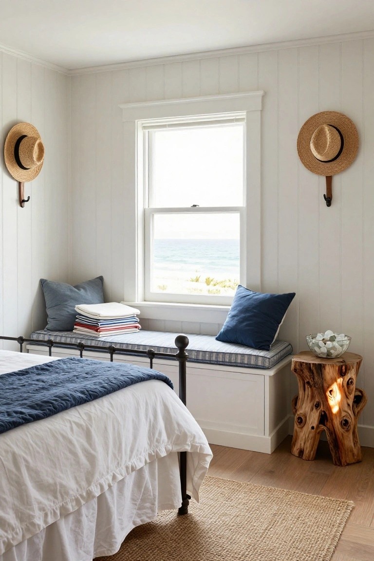 White shiplap-walled bedroom with iron daybed, blue bedding, built-in window bench piled with pillows and linens overlooking ocean, straw hats on hooks, glass bowl on wood stool.