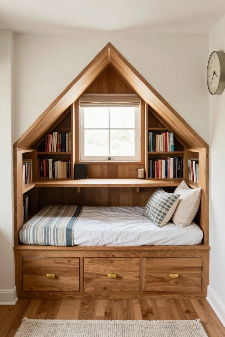 Wooden built-in gable nook with bed, flanking bookshelves, small desk shelf, window, clock, and drawers underneath on hardwood floor