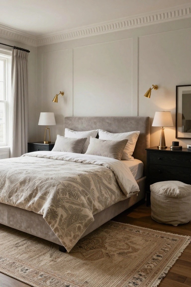 Bedroom with light gray paneled walls, gray velvet upholstered headboard, neutral bedding with gray leaf pattern, black wood nightstands topped with gold lamps and white shades, cream ottoman, patterned rug, and wood floor.