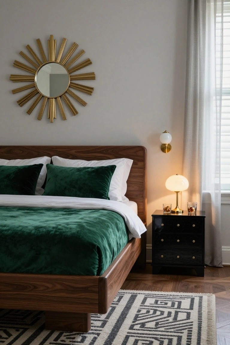 A bedroom with a low walnut wood platform bed covered in emerald green velvet duvet and pillows, white sheets, black lacquer nightstand with gold lamp and glasses, gold sunburst mirror on gray wall, wall sconce, and sheer curtains over window on hardwood floor with patterned rug.