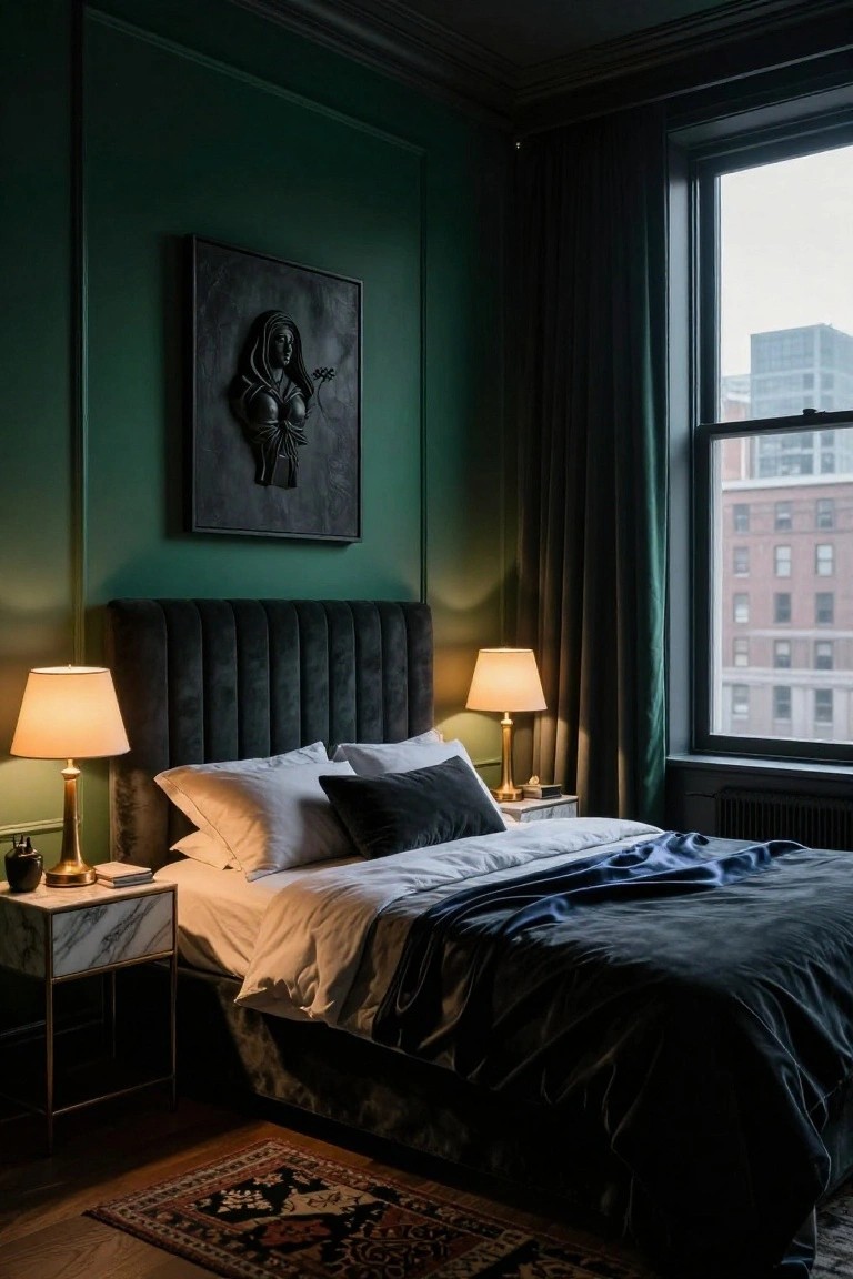 Emerald green paneled bedroom with black tufted velvet headboard, white bedding draped with navy throw, brass lamps on marble nightstands, and large window showing city buildings.