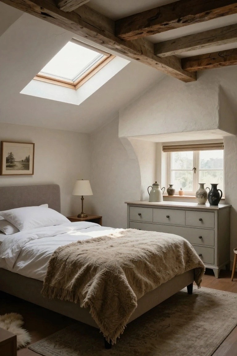 Attic bedroom with exposed dark wooden beams on white sloped ceiling and skylight, gray upholstered bed with white sheets and beige shaggy throw, cream wood dresser with pottery jugs, small window with blinds, and sheepskin rug on wood floor.