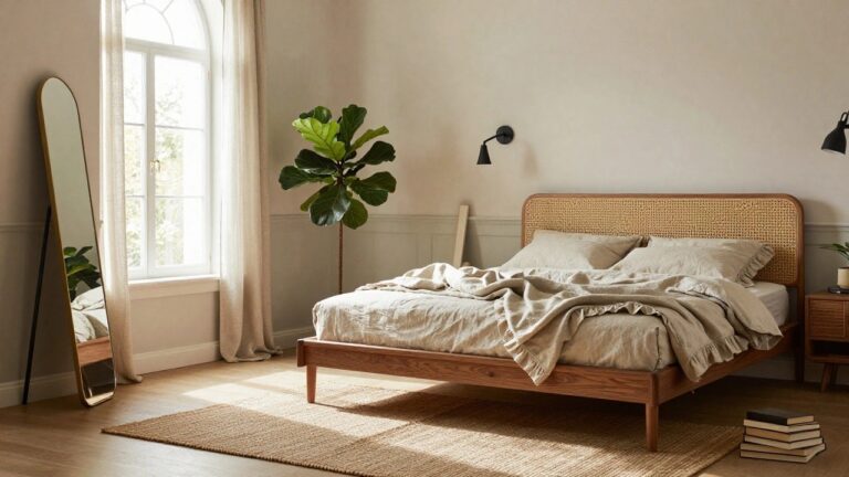 Bedroom corner featuring a bed with rattan headboard and beige linen bedding, wood nightstand with stacked books, tall fiddle leaf fig plant on books, gold floor mirror, black wall sconce, sheer window curtains, seagrass rug, and light wood floors.