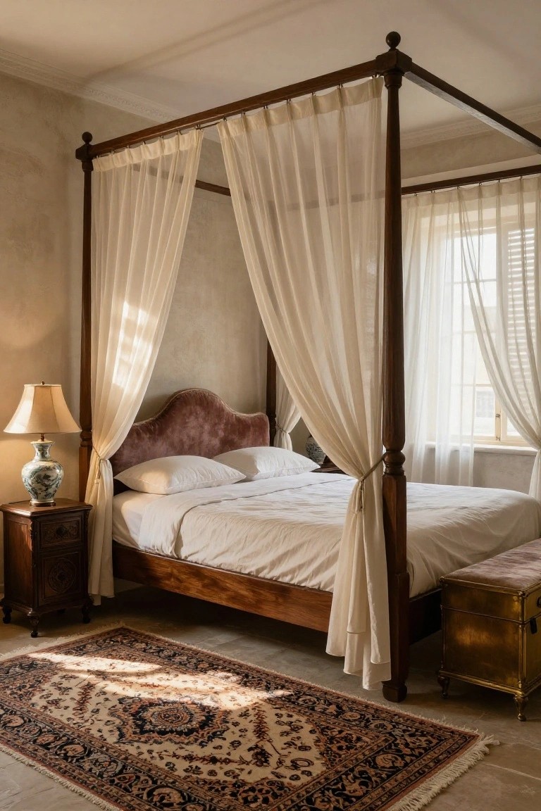 A bedroom interior with a dark wood four-poster bed featuring sheer white canopy drapes, pink upholstered headboard, white bedding, antique wooden nightstand holding a lamp and porcelain vase, wooden chest at foot of bed, Persian rug on terracotta floor, and window with sheer curtains and blinds.